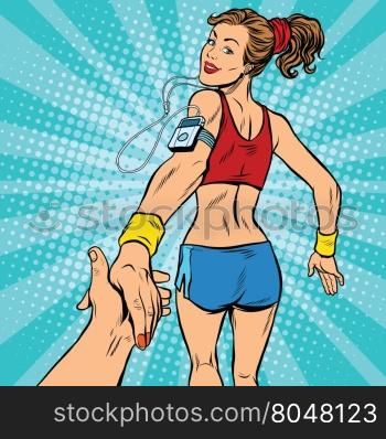 follow me, young woman running athlete pop art retro vector illustration. Sport and a healthy lifestyle