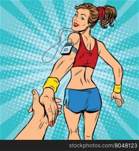 follow me, young woman running athlete pop art retro vector illustration. Sport and a healthy lifestyle
