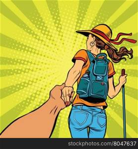 Follow me, young woman traveler with a travel backpack pop art retro vector illustration