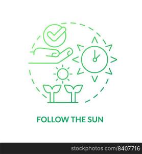 Follow sun green gradient concept icon. Sunlight for plants. Growing plants. Gardening recommendation abstract idea thin line illustration. Isolated outline drawing. Myriad Pro-Bold font used. Follow sun green gradient concept icon