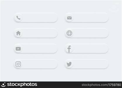 follow us on social media. contact us via telephone, email, youtube, facebook, website, twitter. modern design buttons neomorphism design. isolated white background.