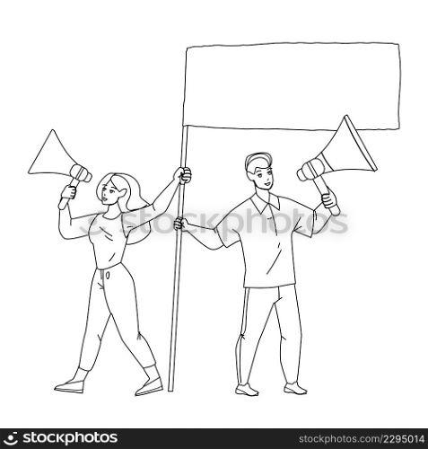Follow Us Screaming Boy And Girl On Protest Black Line Pencil Drawing Vector. Man And Woman With Loudspeaker And Flag Scream Follow Us On Meeting Defending Social Rules. Characters Couple Protesting. Follow Us Screaming Boy And Girl On Protest Vector