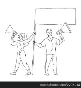 Follow Us Screaming Boy And Girl On Protest Black Line Pencil Drawing Vector. Man And Woman With Loudspeaker And Flag Scream Follow Us On Meeting Defending Social Rules. Characters Couple Protesting. Follow Us Screaming Boy And Girl On Protest Vector