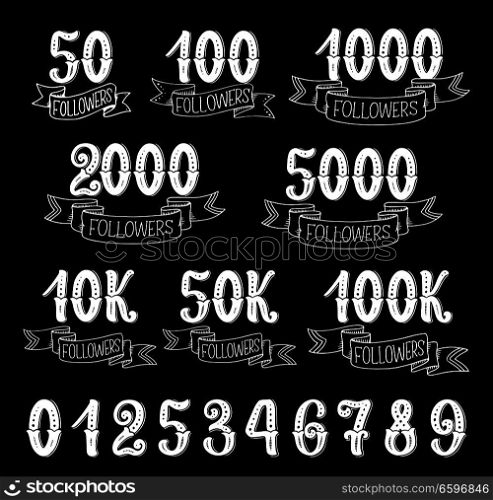 Followers counter retro symbols on black background. Social media web user number, network community follower, friend and subscriber thank you cards with ribbon banner. Followers counter or social media subscriber icons