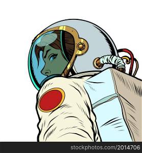 Following me, a female astronaut leads forward to the future. Pop Art Retro Vector Illustration Kitsch Vintage 50s 60s Style. Following me, a female astronaut leads forward to the future