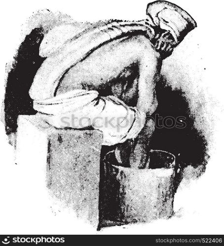 Fomentation to the spine and hot foot bath combined, vintage engraved illustration.