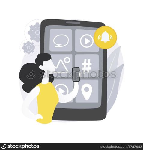 FOMO abstract concept vector illustration. Fear of missing out, social anxiety, having fun, stay connected, social interaction, internet use, psychological health and well-being abstract metaphor.. FOMO abstract concept vector illustration.