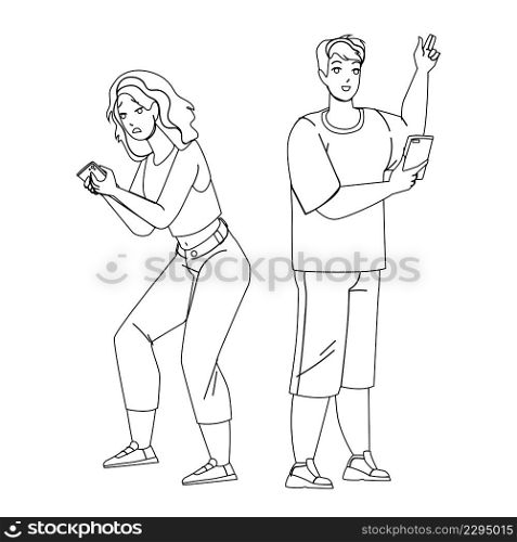 Fomo Vs Jomo Human Emotions And Behaviour Black Line Pencil Drawing Vector. Businessman And Businesswoman Fomo Vs Jomo, Positive And Negative Expression. Characters Fear Or Joy Of Missing Out. Fomo Vs Jomo Human Emotions And Behaviour Vector