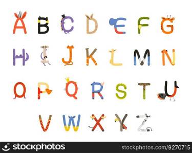 Font alphabet design with colorful animals concept. Typography elements set with wild mammals, vector illustration. Typeset with nature decoration, creative letters for child literature. Font alphabet design with colorful animals concept