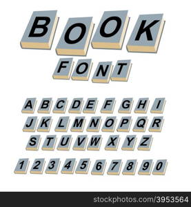 Font book. Alphabet on covers of books. ABCs of log on vintage hardcover books. Old books with letters. Set of alphabetic characters and digits creative for text.