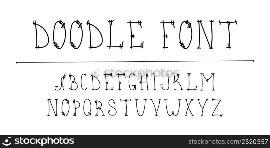 Font doodle caligraphy typeset. Hand drawn lettering ink scribble set.