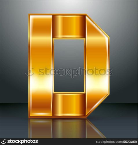 Font folded from a golden metallic ribbon - Letter D. Vector illustration 10eps.