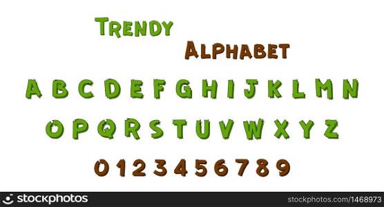Font. Trendy alphabet. Font alphabet with numbers in cartoon design. Font alphabet, isolated. Vector illustration.
