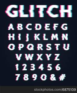 Font with glitch effect. Font with glitch effect. Glitched digital alphabet, type letters with old tv screen distortion vector illustration