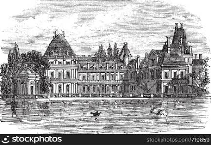 Fontainebleau Palace in Paris, France, during the 1890s, vintage engraving. Old engraved illustration of Fontainebleau Palace.