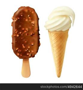 Food 2 Ice Creams Realistic Set. Vanilla flavored cone and coated with chocolate ice cream bar set realistic dessert snack food vector illustration