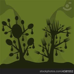 Food a tree. Tree a plug and a spoon on a green background. A vector illustration