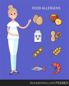 Food allergens, doctor showing organic products causing diseases vector. Nut and cow milk in box, wheat and beans, fish and shrimp, beans and eggs. Food Allergens, Doctor Showing Organic Products