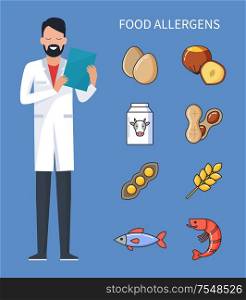 Food allergens doctor with prescription and cure from disease vector. Allergy treatment, raw eggs and cow milk, wheat and shrimps, fish and beans. Food Allergens Doctor with Prescription and Cure