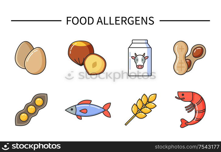 Food allergens, products causing illness and diseases vector. Allergy