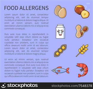 Food allergens vector poster with icons of allergic products. Nuts and milk, shrimp and fish, ears of wheat and dairy, eggs and pea vector, text sample. Food Allergens Vector Poster Allergic Products