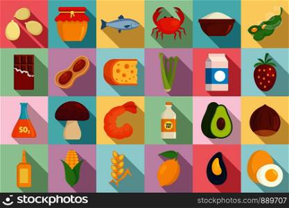 Food allergy icons set. Flat set of food allergy vector icons for web design. Food allergy icons set, flat style
