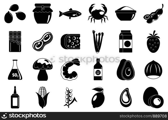 Food allergy intolerance icons set. Simple set of food allergy intolerance vector icons for web design on white background. Food allergy intolerance icons set, simple style