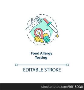 Food allergy testing concept icon. Top testing category idea thin line illustration. Skin and blood tests. Liquid food extract drop on skin. Vector isolated outline RGB color drawing. Editable stroke. Food allergy testing concept icon