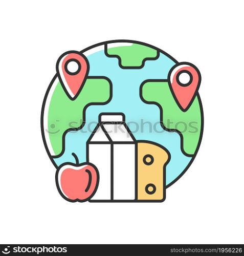 Food allocation RGB color icon. Products transportation and distribution. Food security in different parts of world. Poverty and hunger. Isolated vector illustration. Simple filled line drawing. Food allocation RGB color icon