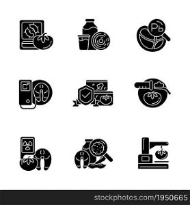 Food analysis black glyph icons set on white space. Biological and chemical danger detection. Laboratory testing. Varied examination methods. Silhouette symbols. Vector isolated illustration. Food analysis black glyph icons set on white space