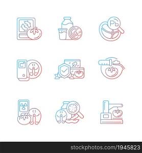Food analysis gradient linear vector icons set. Biological and chemical danger detection. Varied examination methods. Thin line contour symbols bundle. Isolated outline illustrations collection. Food analysis gradient linear vector icons set