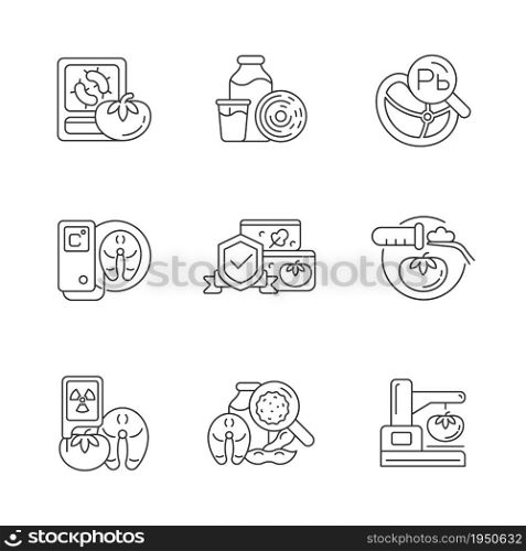 Food analysis linear icons set. Biological and chemical danger detection. Varied examination methods. Customizable thin line contour symbols. Isolated vector outline illustrations. Editable stroke. Food analysis linear icons set