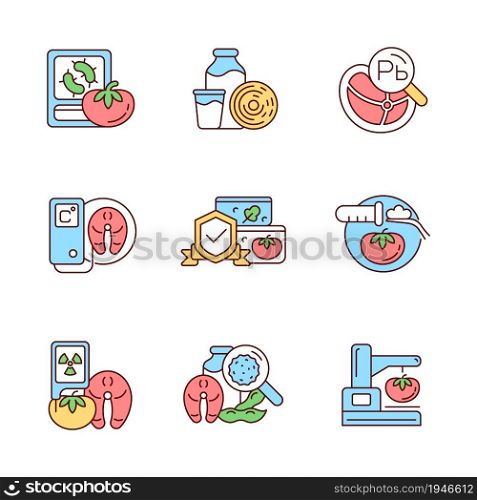 Food analysis RGB color icons set. Biological and chemical danger detection. Varied examination methods. Isolated vector illustrations. Simple filled line drawings collection. Editable stroke. Food analysis RGB color icons set