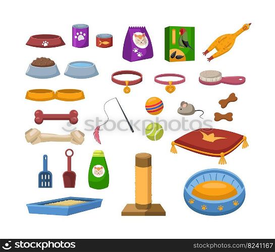 Food and accessories for pets vector illustrations set. Collection of different items for pet store, treats and toys for cats, dogs and birds isolated on white background. Domestic animals  concept