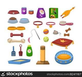Food and accessories for pets vector illustrations set. Collection of different items for pet store, treats and toys for cats, dogs and birds isolated on white background. Domestic animals  concept