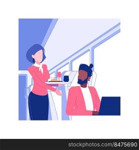 Food and beverage train service isolated concept vector illustration. Train worker offers food and drinks to passengers, business class travel, luxury service for people vector concept.. Food and beverage train service isolated concept vector illustration.