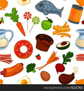 Food and cakes, bun and meat bacon, meal vector. Healthy and unhealthy products and ingredients, carrots and apples, lollipop on stick, fish and avocado, beetroot and raw egg, hot dog and chicken. Food and cakes, bun and meat bacon, meal