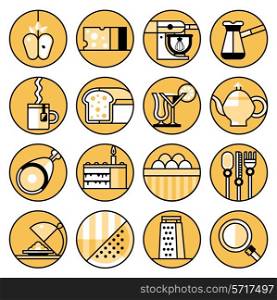 Food and cooking flat line icons set of coffee turk meat cutlery cheese isolated vector illustration