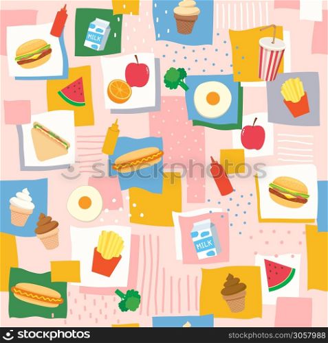 Food and dessert items design to seamless pattern
