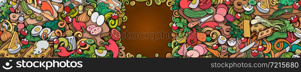 Food and Dishes banner design. Vector hand drawn colorful cooking illustration.. Food and Dishes banner design. Vector cooking illustration.