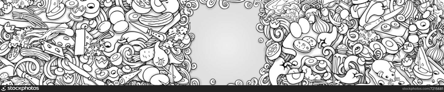 Food and Dishes banner design. Vector hand drawn line art cooking illustration.. Food and Dishes banner design. line art cooking illustration.