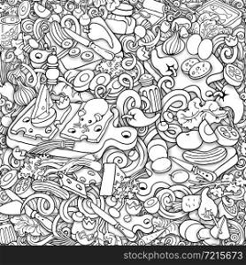 Food and Dishes seamless pattern. Vector hand drawn sketchy cooking illustration.. Food and Dishes seamless pattern.
