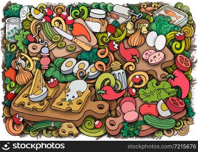 Food and Dishes vector hand drawn colorful cooking illustration.. Food and Dishes colorful cooking illustration.