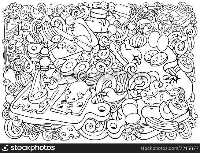 Food and Dishes vector hand drawn sketchy cooking illustration.. Food and Dishes vector sketchy cooking illustration.