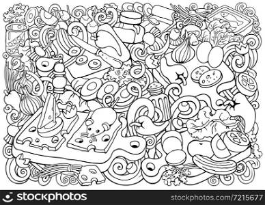Food and Dishes vector hand drawn sketchy cooking illustration.. Food and Dishes vector sketchy cooking illustration.