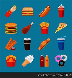 Food and drink flat icons. Fastfood or junk food take out lunch vector elements. Fastfood and drink flat icons
