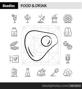 Food And Drink Hand Drawn Icons Set For Infographics, Mobile UX/UI Kit And Print Design. Include: Cocktail, Glass, Goblet, Glass, Wine, Drink, Baking, Croissant, Icon Set - Vector