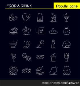 Food And Drink Hand Drawn Icons Set For Infographics, Mobile UX/UI Kit And Print Design. Include: Cocktail, Glass, Goblet, Glass, Wine, Drink, Baking, Croissant, Icon Set - Vector