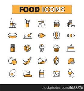 Food And Drink Line Icons Set . Food and drink line icons set with fruit and vegetables soft and hard drinks flat isolated vector illustration