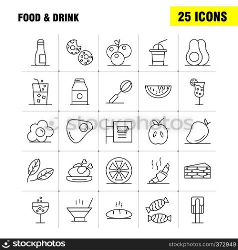 Food And Drink Line Icons Set For Infographics, Mobile UX/UI Kit And Print Design. Include: Cocktail, Glass, Goblet, Glass, Wine, Drink, Baking, Croissant, Icon Set - Vector